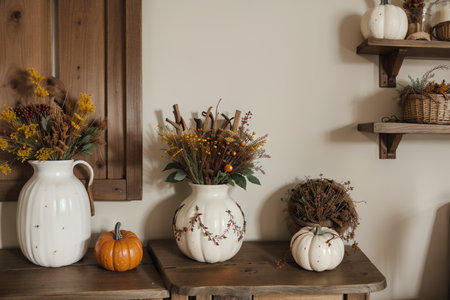 Cozy autumn home interior - a wreath with autumn leaves, dried flowers, craft box, a ceramic pumpkin on a wooden rack in the living roomの素材