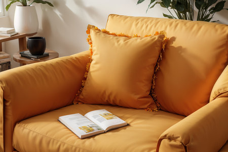 Bright cushion on a sofa, and orange chrysanthemums on a side table.の素材