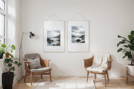 Two blank picture frame mockups on a wall. Square orientation. Artwork templates in interior designの素材
