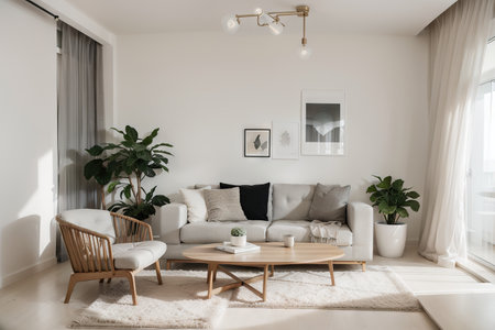 Stylish modern interior of the room with light walls and comfortable furniture. erの素材