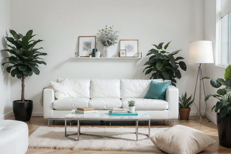 White sofa between a metal table and a black desk with paintings and plant in a turquoise living room interiorの素材