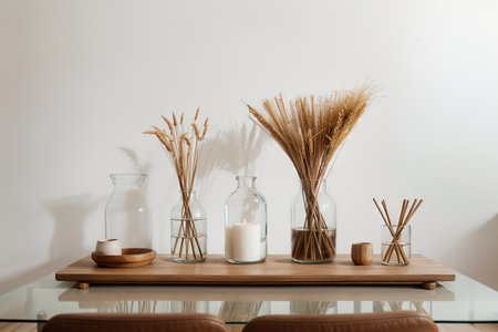 Empty interior design concept, wooden table, desk or shelf close up. Ceramic and glass vases with dry plants, straws. White background with copy space, template idea,の素材