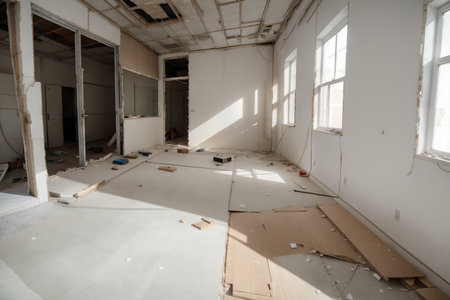 Workers are installing plasterboard (drywall) for gypsum walls in apartment is under construction, remodeling, renovation, extension, restoration and reconstruction.の素材