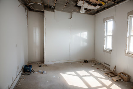 Workers are installing plasterboard (drywall) for gypsum walls in apartment is under construction, remodeling, renovation, extension, restoration and reconstruction.の素材