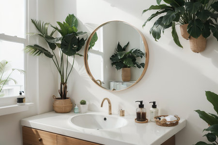 beautiful white vanity set with ceramic wash basin, round mirror and tropical palm tree in the pot with morning sunlight. Space for products overlay. Background, , Mockup, Empty.の素材