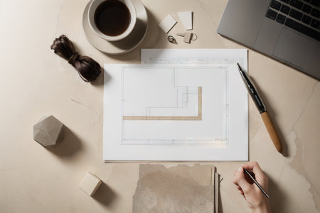 Flat lay of creative architect moodboard composition with samples of building, beige textile and natural materials and personal accessories. Top view, template.の素材