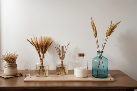 Empty interior design concept, wooden table, desk or shelf close up. Ceramic and glass vases with dry plants, straws. White background with copy space, template idea,の素材