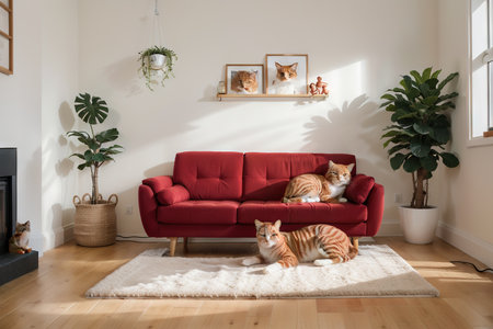 Interior of light living room with cute red cat lying in pet bedの素材