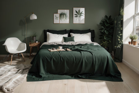 Dark green blanket lying on a king-size bed in a gallery themed bedroom interiorの素材