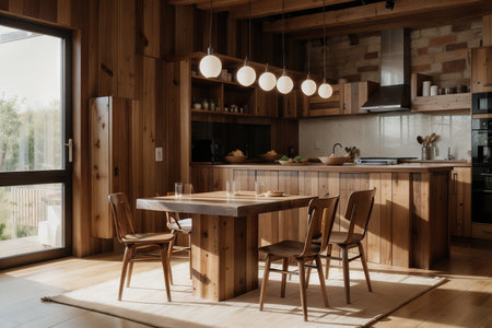 Wooden pedestal on table in kitchen interior and free space for your decorationの素材