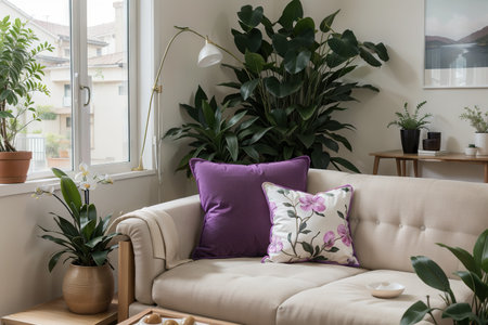 Interior of living room. Purple orchid in blossom blooming on coffee table by watering can. Home decorated with flowers and plantsの素材