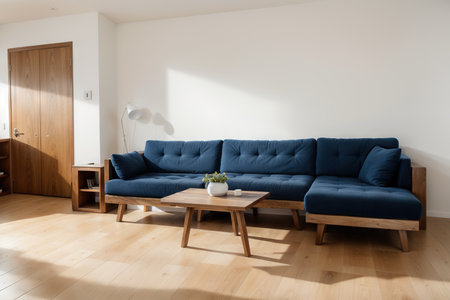 Blue wall with Deep Blue Sofa and Tree wood Table interiorの素材