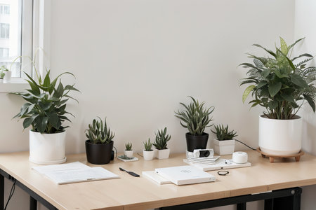 Modern home decor with camera, dummy, houseplant. Artist workspace.の素材