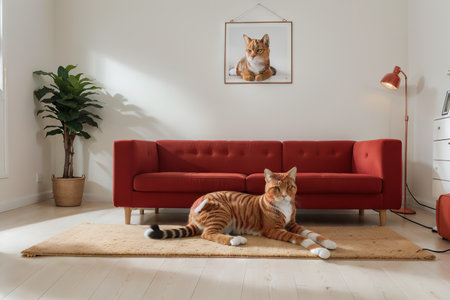 Interior of light living room with cute red cat lying in pet bedの素材