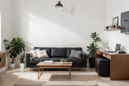 interior modern living room workspace with sofa, desk, desktop computerの素材