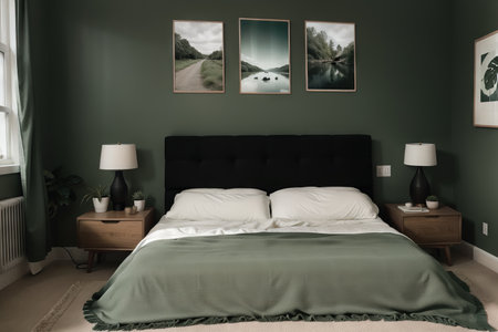 Dark green blanket lying on a king-size bed in a gallery themed bedroom interiorの素材