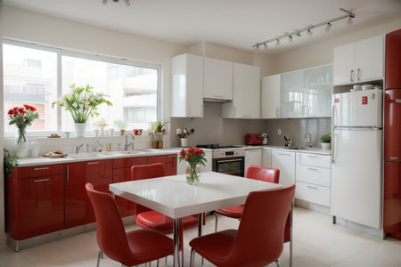 Interior of modern kitchen with red fridge, counters and dining tableの素材