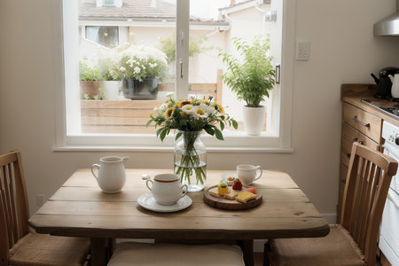 Home wooden kitchen table top with focus in front and blurred background showing breakfast tablewear, windowframe and a vase filled with garden flowers. Space for text.の素材