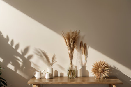 Dry pampas grass / reed in stylish vase. Shadows on the wall. Silhouette in sun light. Minimal interior decoration conceptの素材