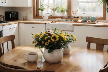 Home wooden kitchen table top with focus in front and blurred background showing breakfast tablewear, windowframe and a vase filled with garden flowers. Space for text.の素材