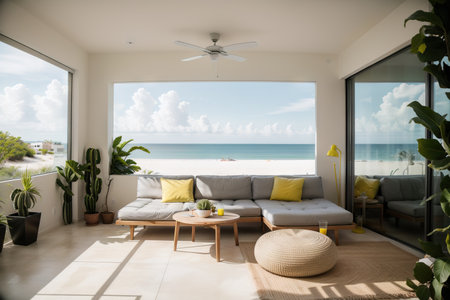Modern living room interior villa or resort decoration with yellow color concrete wall long cactus in in glass semi-outdoor room. villa or beach house.の素材