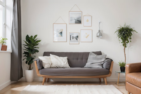 Modern beautiful interior with a white wall, carpet and a stylish sofa. Light Scandinavian design.の素材