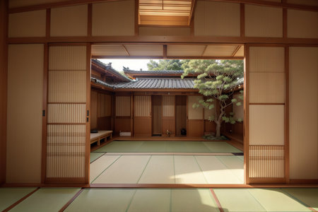 Perspective view of beautiful greenery through the sliding paper grid doors (Shoji) of a tatami room in a traditional Japanese wooden architecture in a peaceful zen-like atmosphereの素材