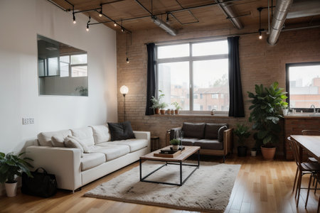 Amazing apartment interior in designed in industrial style with brick on the wall and wooden ceilingの素材