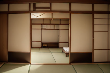 Perspective view of beautiful greenery through the sliding paper grid doors (Shoji) of a tatami room in a traditional Japanese wooden architecture in a peaceful zen-like atmosphereの素材