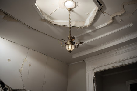 broken ceiling in the room and fallen chandelierの素材