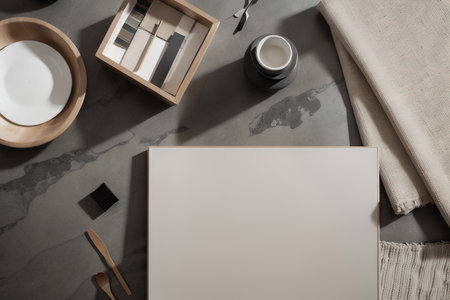 Creative flat lay composition in grey and black color palette with textile and paint samples, panels and tiles. Architect and interior designer moodboard. Top view. Copy space. Template.の素材