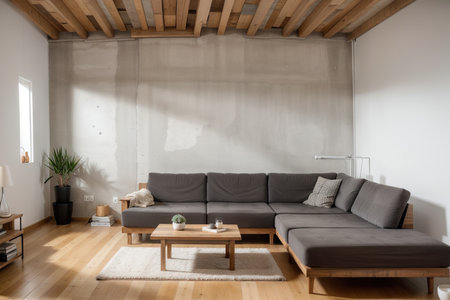 Loft style living room with raw concrete ,wooden floor,sofa,image for copy space orの素材