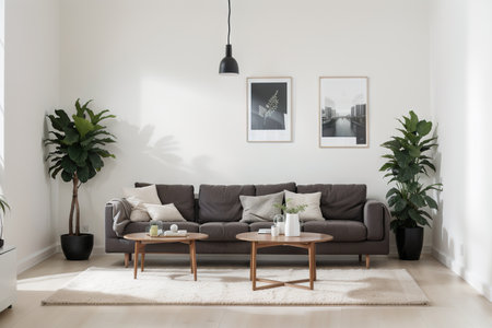 interior modern living room with sofa, plant, lamp, decoration,の素材