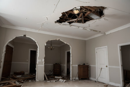 broken ceiling in the room and fallen chandelierの素材