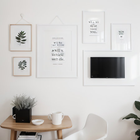 Word wall art room interior. White wall decoration with modern lamp about house, home quote for inspiration. Minimal, Scandinavianの素材