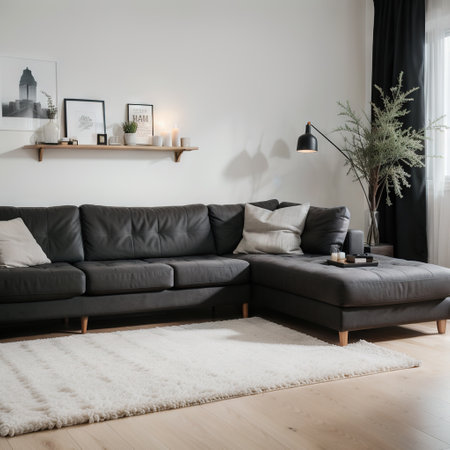 Creative composition of stylish modern spacious living room with grey sofa, wooden cubes, pillows, plaid, carpet, white vases andの素材