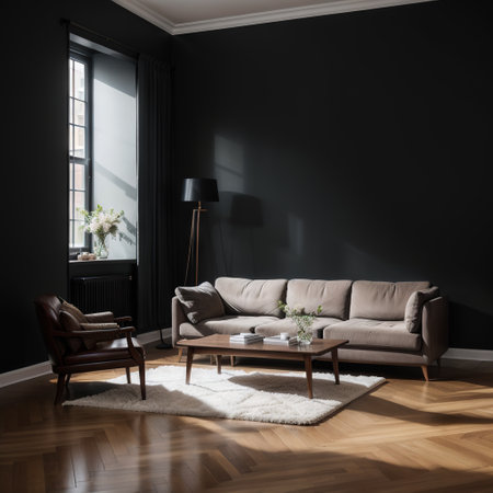 Empty black wall in modern living room. Mock up interior in classic style. Copy space for your picture, poster. Template for artwoの素材
