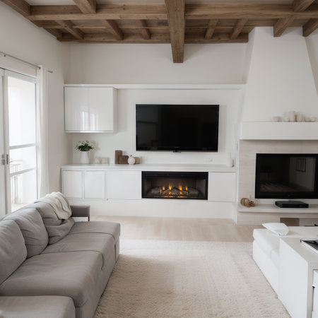 Gray and white, living room with fireplace, tv and sofaの素材