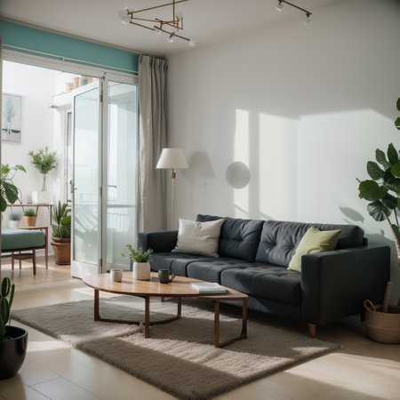 Modern living room interior with sofa and green plants,table on blue wall background. ingの素材