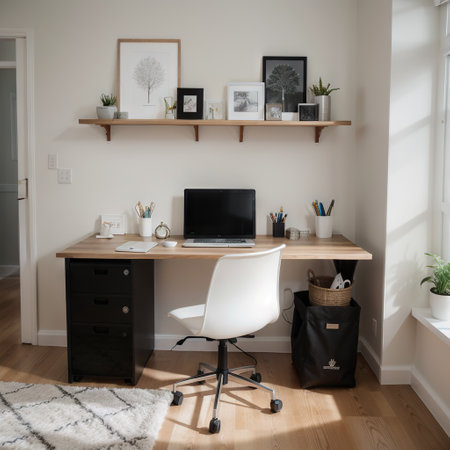 Clean, bright and empty home office interior organized with a computer and desk inside. Modern, contemporary and work space view oの素材