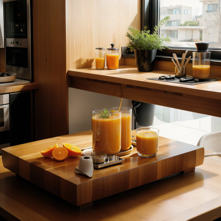 Orange juice on countertop in luxury kitchenの素材