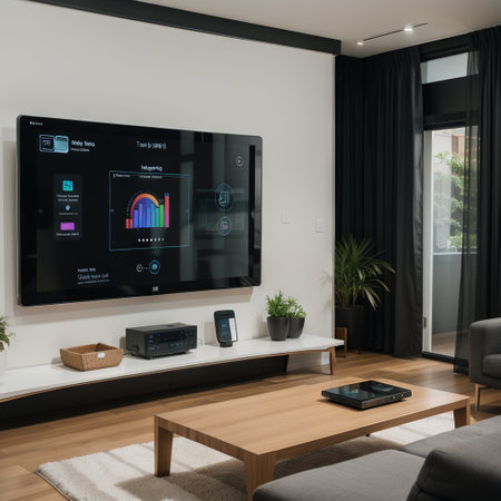 controlling home with a digital touch screen panel installed on the wall in the living roomの素材