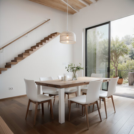 Room with wood dining table, white chairs and industrial lampの素材