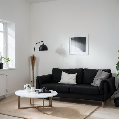 White home interior with sofa, table, lamp and carpetの素材