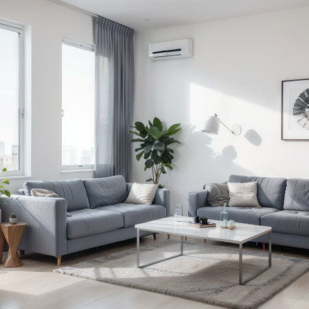 Blue living room with gray sofa and air conditioner on wall - ingの素材