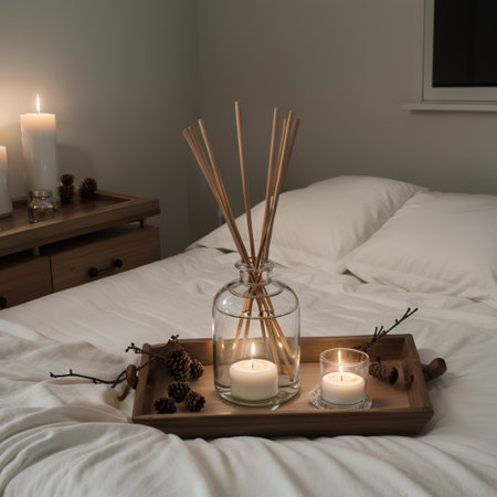 Home perfume in glass bottle with wood sticks, scented burn candles on tray in bedroom close up over white. Aromatherapy cozy atmoの素材