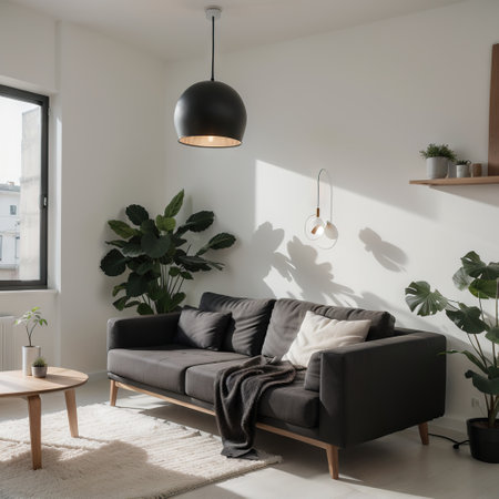 Cozy sofa in modern concrete empty room with plants windows and lamp on wooden floor. Architecture and interior concept.  ingの素材