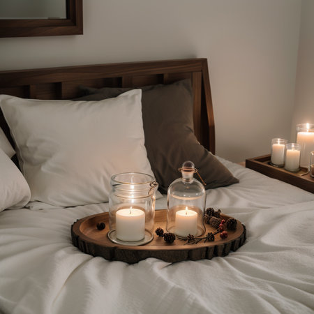 Home perfume in glass bottle with wood sticks, scented burn candles on tray in bedroom close up over white. Aromatherapy cozy atmoの素材
