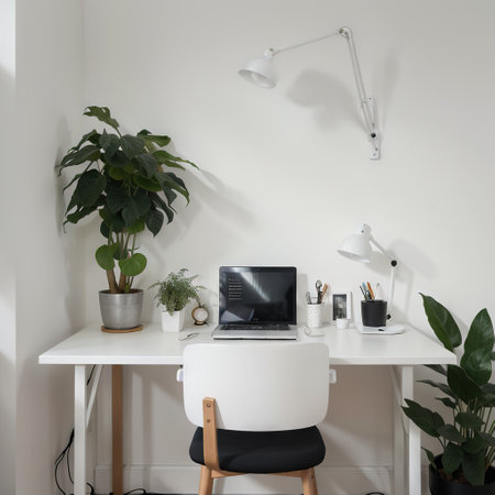 Scandinavian white workspace with plant, bike and modern furnitureの素材
