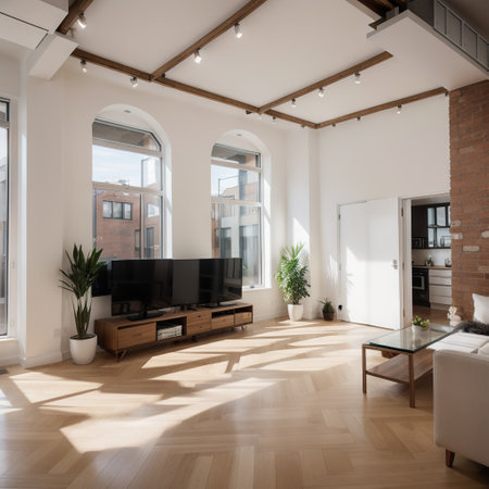 ing Empty room without any decorative element. Front wall of exposed white brick. Detail of the roof with iron beams. brown parqueの素材